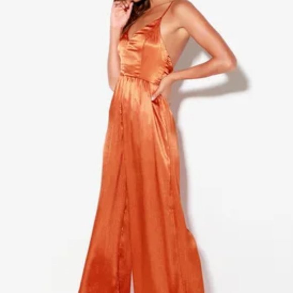 Rust Orange Satin Wide-Leg Jumpsuit - Picture 9 of 12